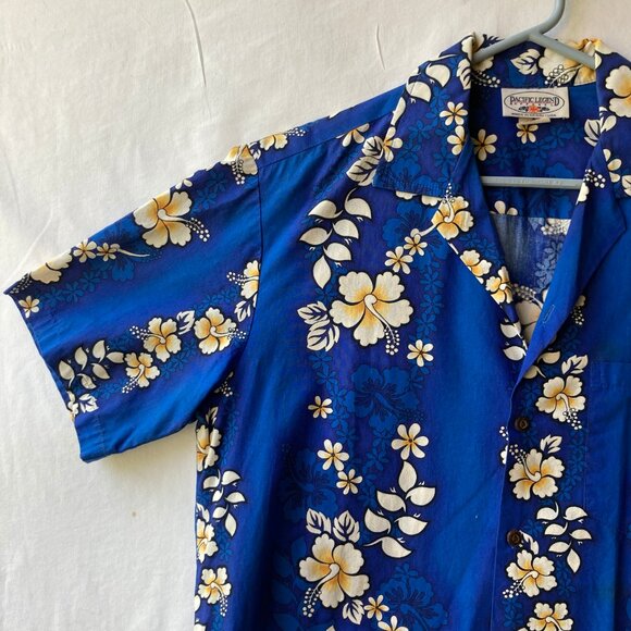 Vtg Pacific Legend Classic Hibiscus Aloha Hawaiian Shirt Navy Blue Size M Mens - Picture 4 of 14